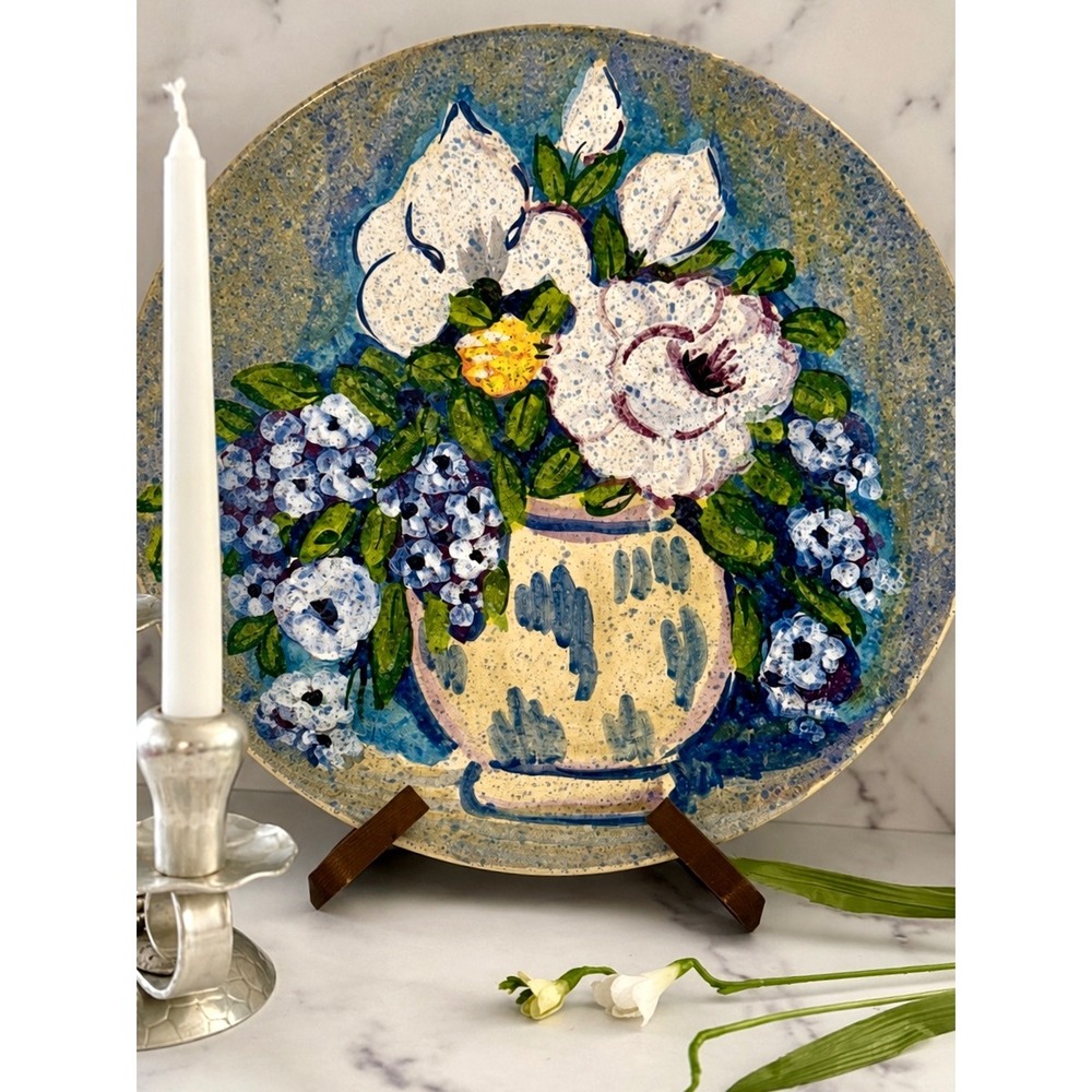 Vintage Italian Hand Painted Ceramic Floral Decorative Wall Plate Made in Italy